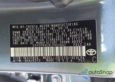 2020 Toyota Corolla Le из США, поврежденный, VIN 5YFEPRAE8LP044662